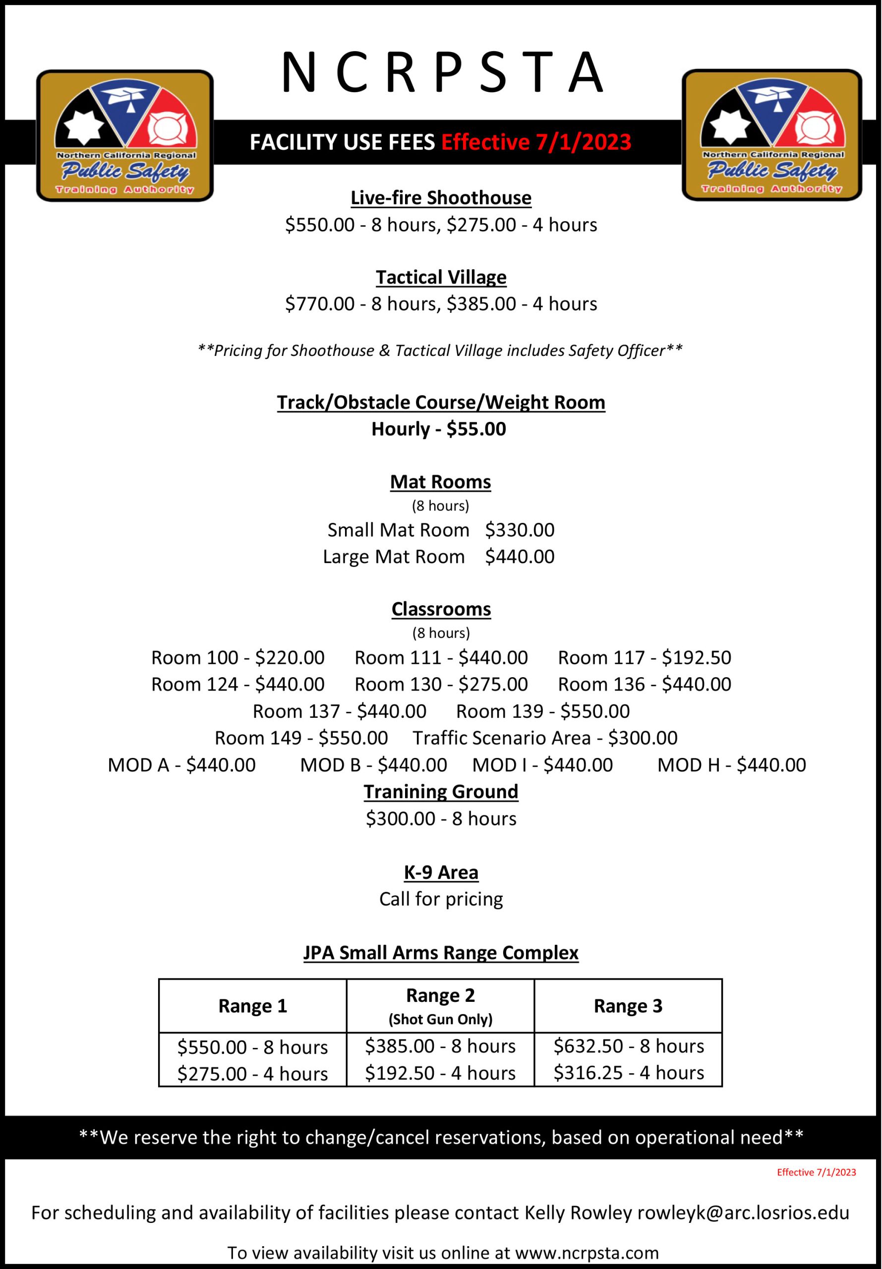 New Fee Schedule effective 7 1 2023 scaled Northern California Regional Public Safety Training Authority